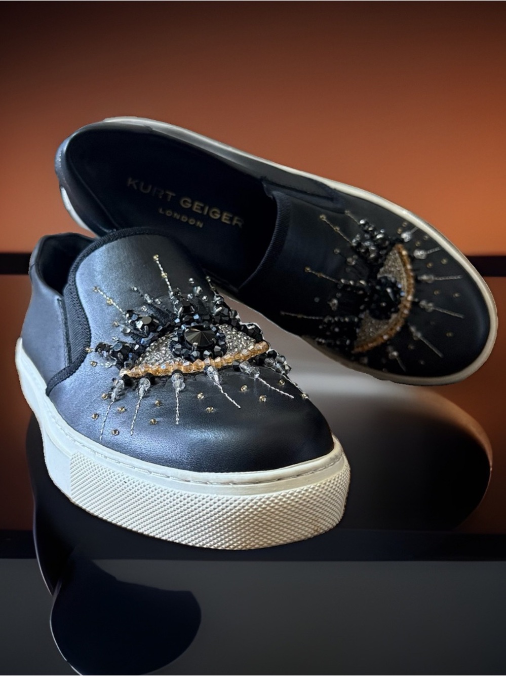 Kurt Geiger London Leah Eye Leather Slip On Sneakers Black Jeweled EU 38